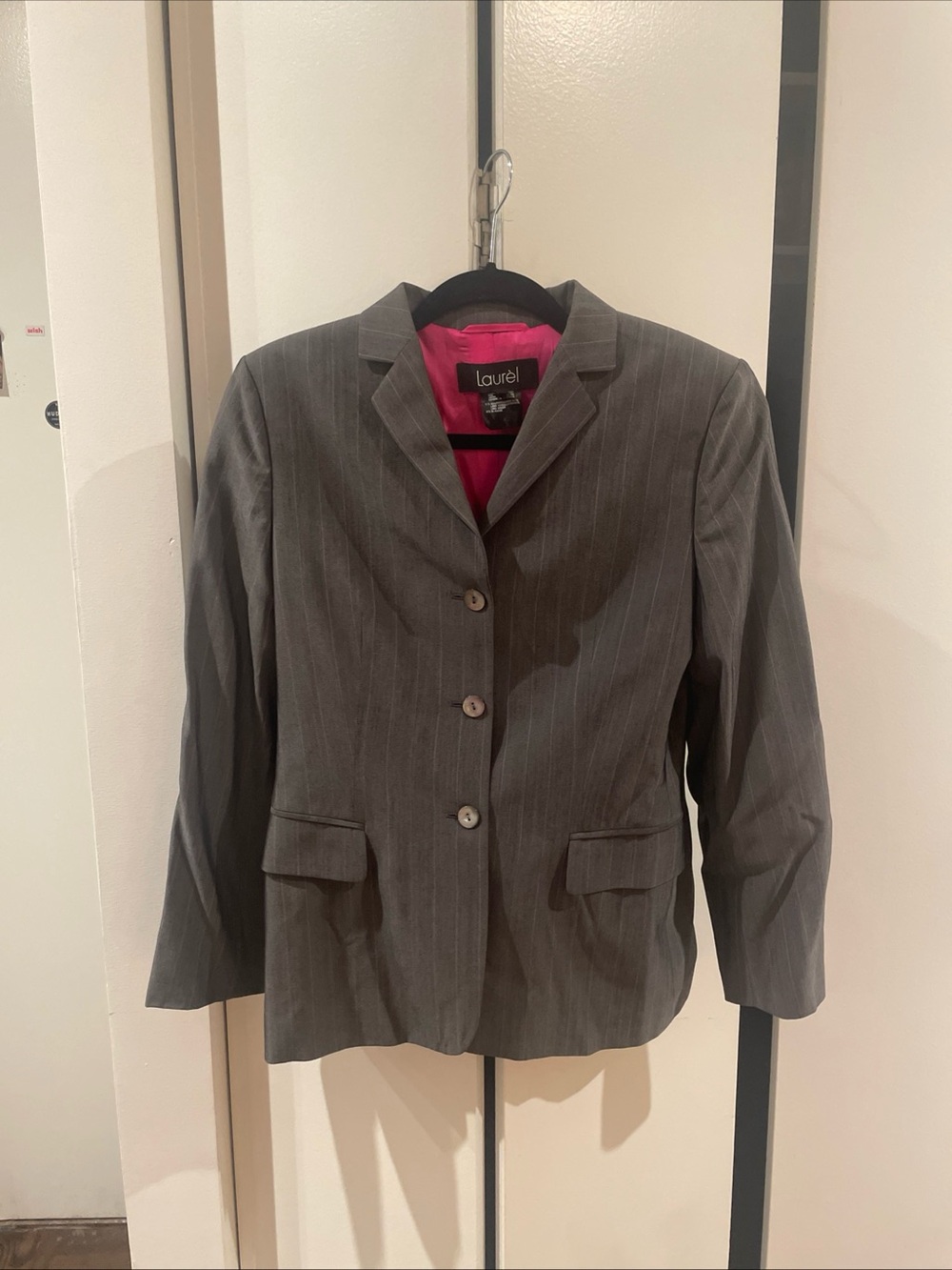 Laurel Women's Gray Pinstripe Blazer with Pink Lining